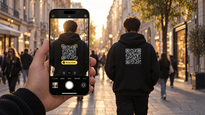 Ein iPhone scannt in einer Einkaufsstraße den QR-Code auf dem Rücken eines schwarzen Hoodies und zeigt bequ.store an